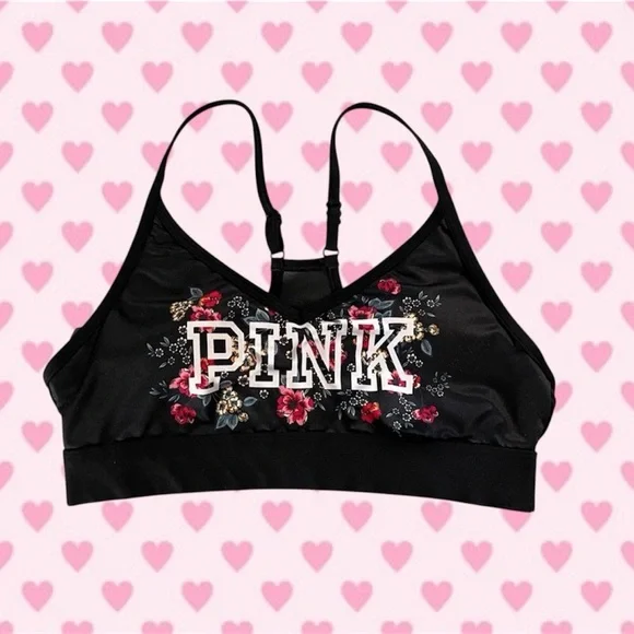 PINK Victoria's Secret Black Floral Sports Bra - Med 8-10 - Picture 3 of 8